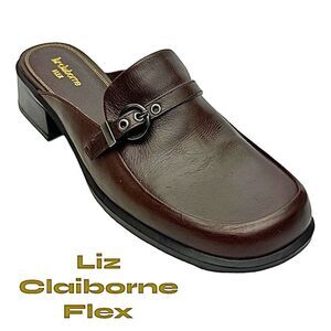 LIZ CLAIBORNE Flex Women's Brown Leather Slip On Mule, Closed Toe 9 Medium
